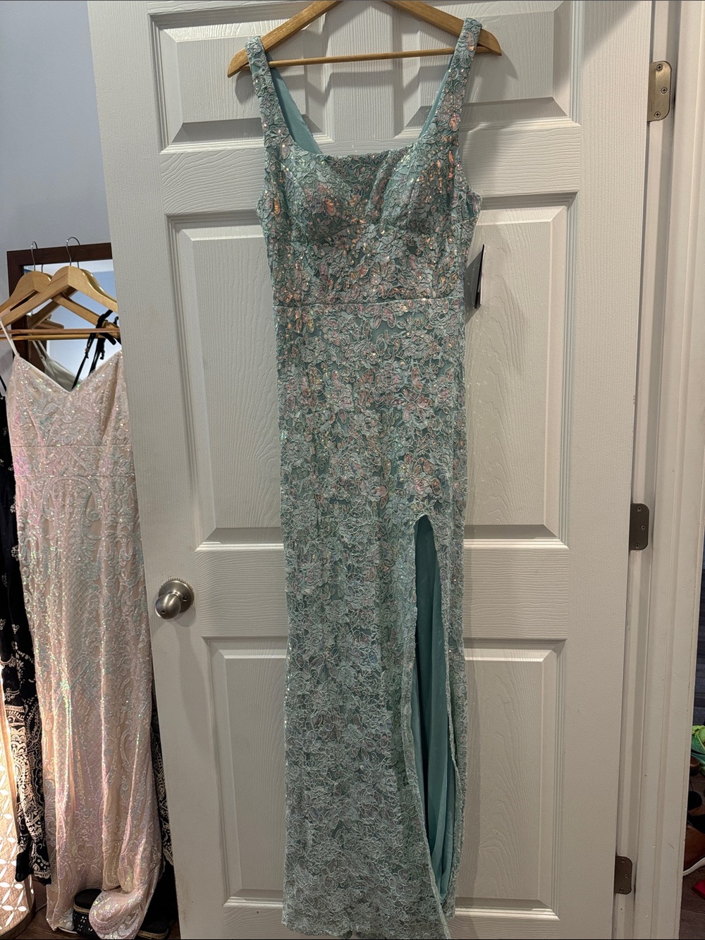 City Studio Aqua Sea foam Lace Formal Dress with Iridescent Sequins